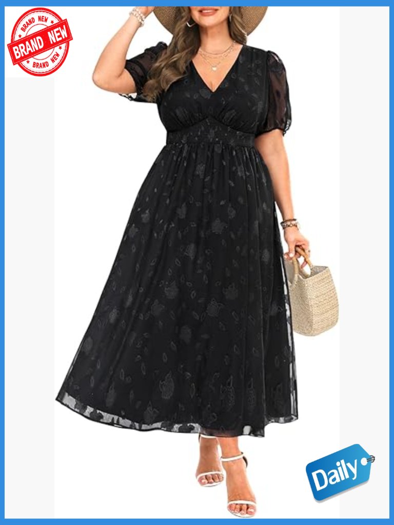 Plus Size Maxi Dress - Floral Chiffon A-Line V-Neck Wedding Guest